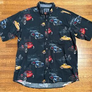 RedHead XL Button Down Shirt Hot Rod Car Print Short Sleeve Mens